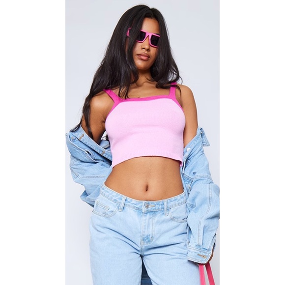 NWOT Pink Contrast Binding Knitted Crop Top - Picture 5 of 7